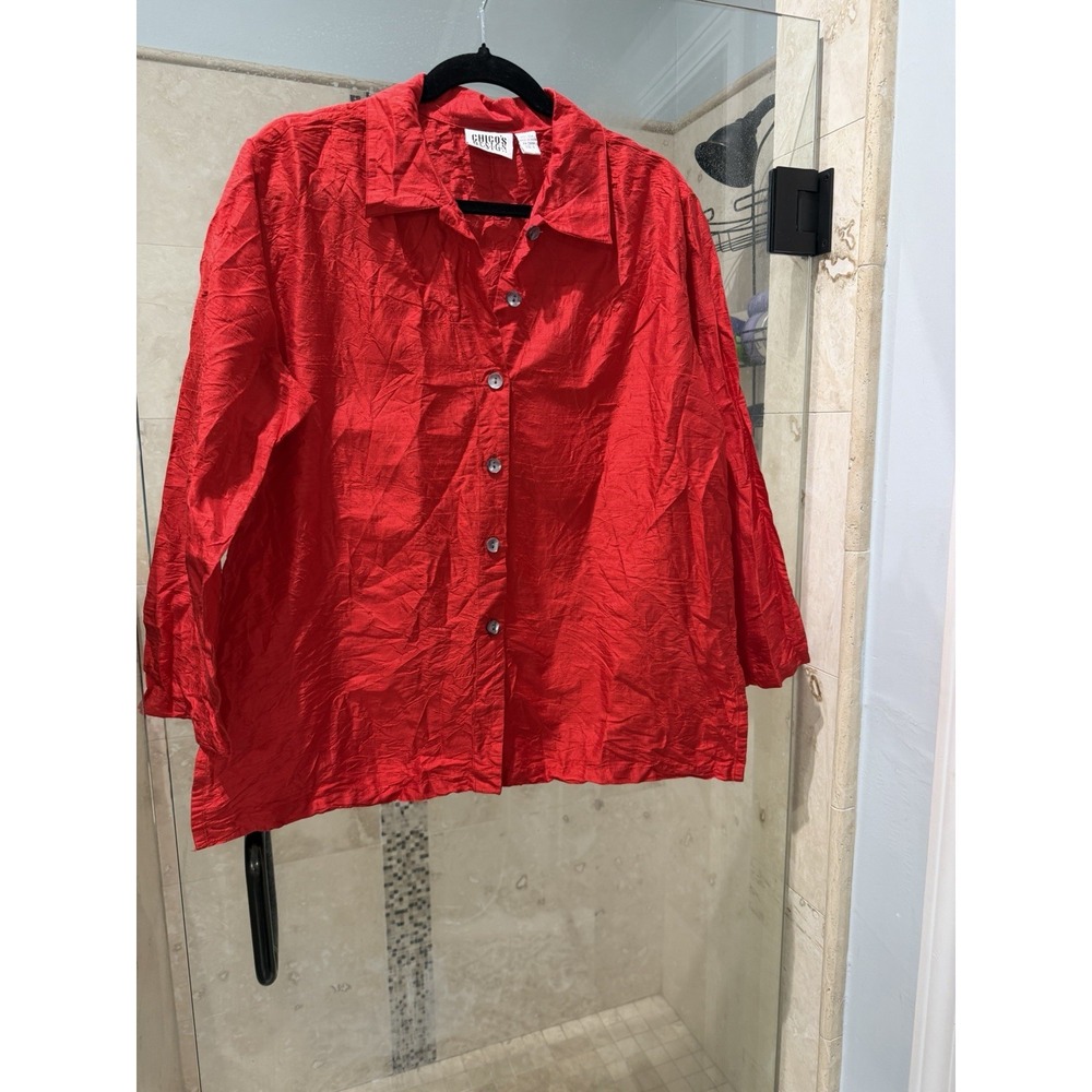 Chicos 2 Blouse Womens Large Red 100% Silk Button Front Collared Long Sleeve